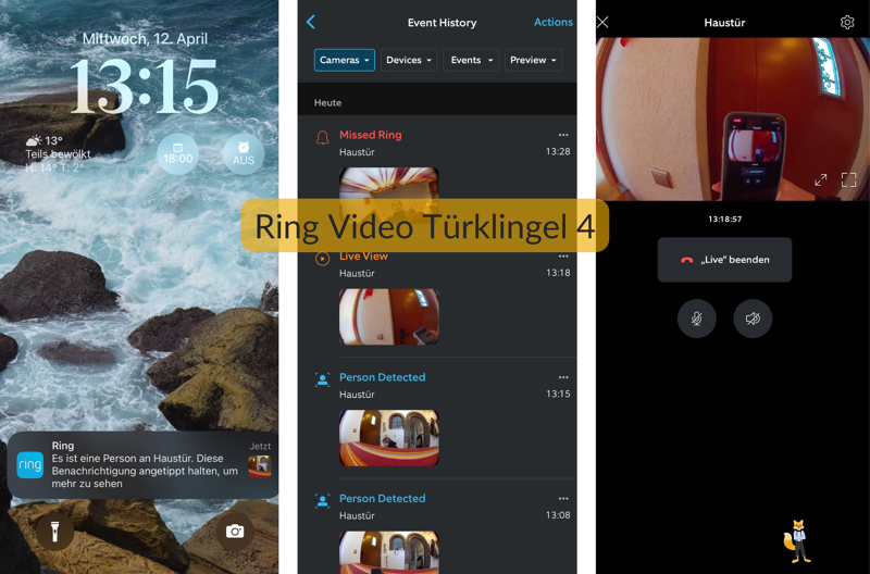 3 Screenshots der Ring Video Doorbell in der Ring App
